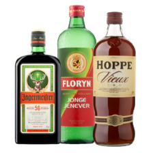 Jägermeister fles à 700 ml,
Florijn jonge jenever
of Hoppe vieux fles à 1000 ml